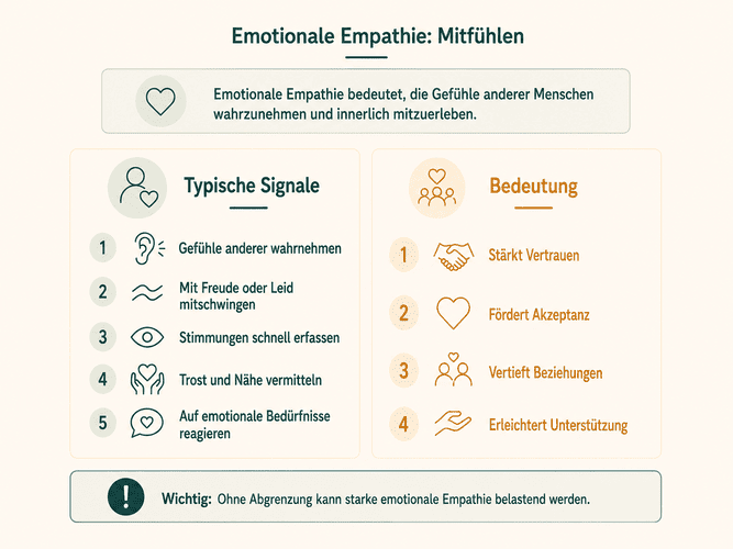 Infografik zur emotionalen Empathie mit typischen Signalen, Bedeutung und Hinweis auf mögliche Überforderung ohne Abgrenzung.