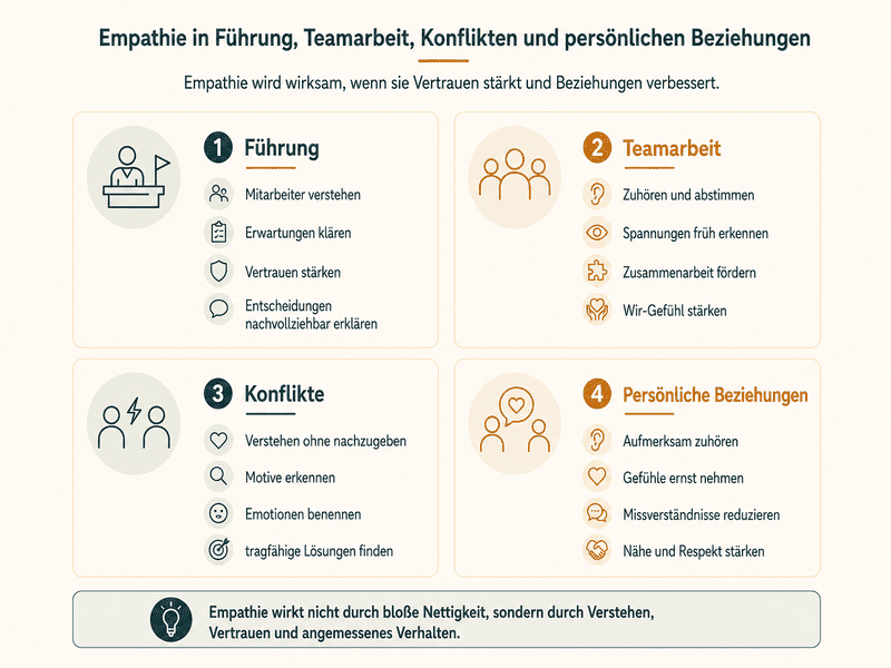 Infografik zu Empathie in Führung, Teamarbeit, Konflikten und persönlichen Beziehungen mit vier Anwendungsfeldern und typischen Wirkungen.