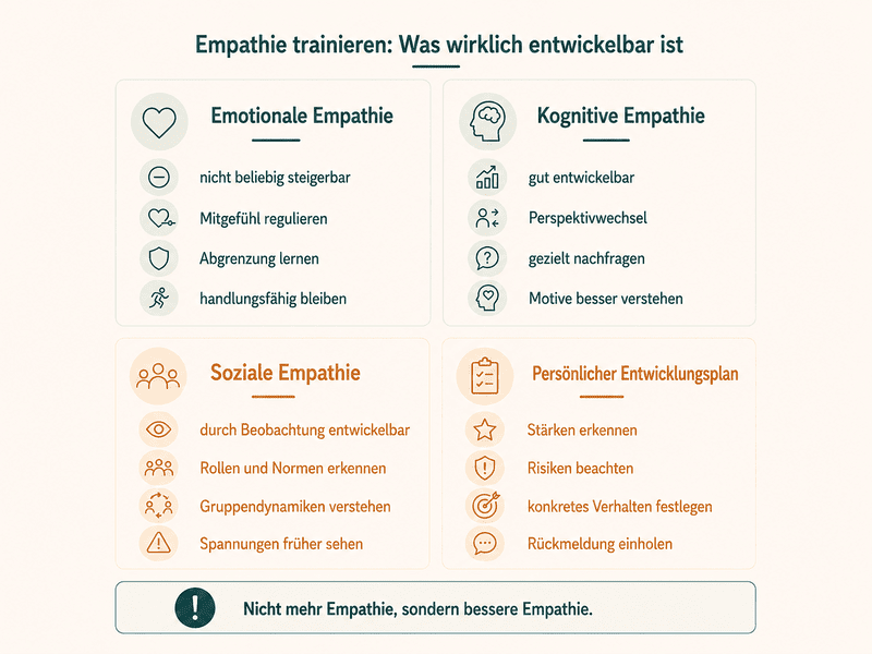Infografik zum Empathie-Training mit emotionaler, kognitiver und sozialer Empathie sowie persönlichem Entwicklungsplan.