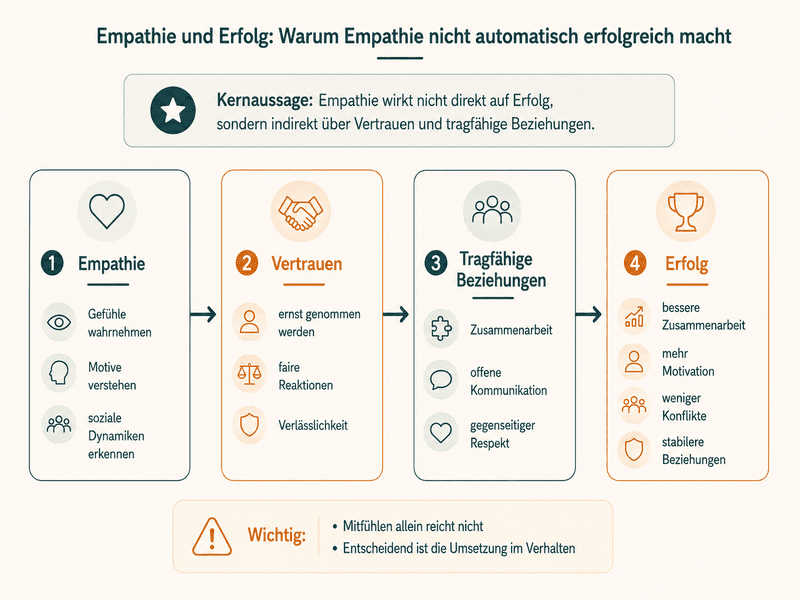 Infografik zum Zusammenhang von Empathie, Vertrauen, tragfähigen Beziehungen und Erfolg.