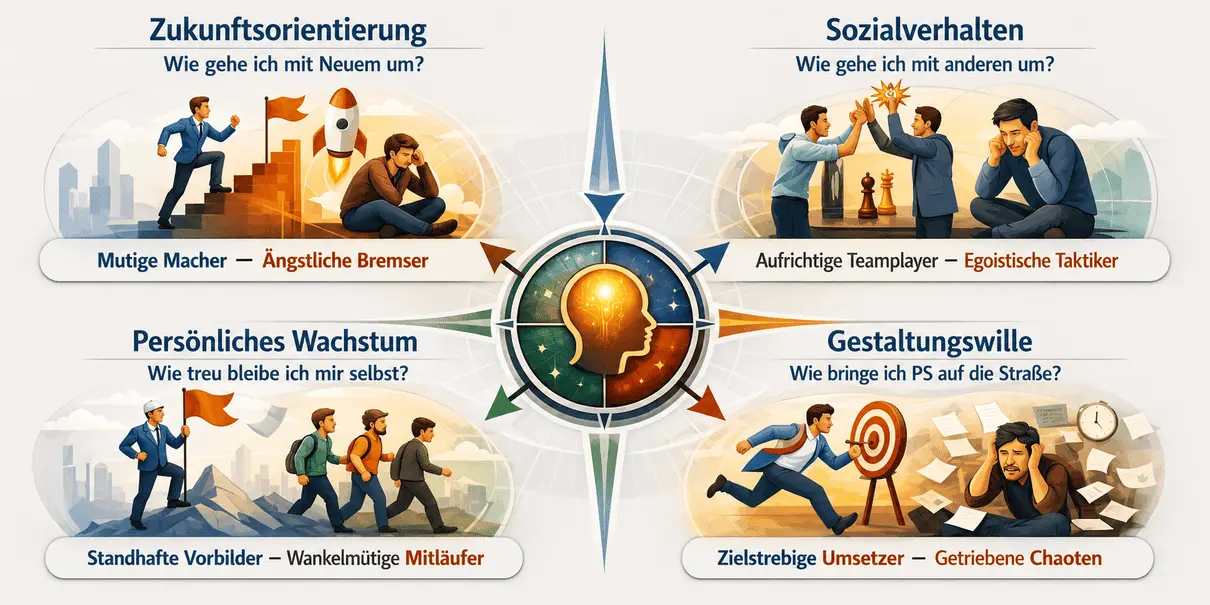 Gießener Inventar der Persönlichkeit GIP: vier Persönlichkeitsbereiche mit Stärken und Gegenpolen