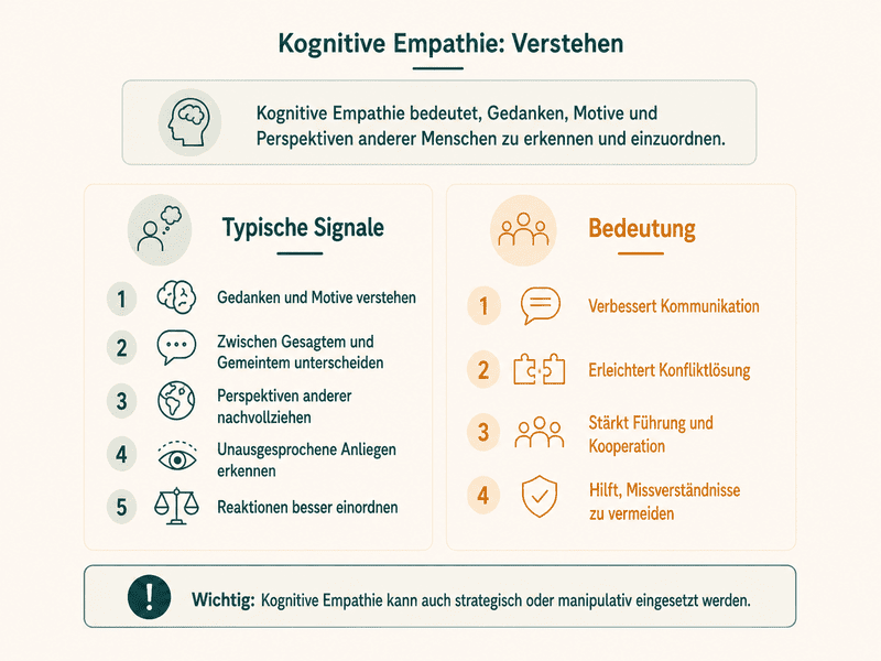 Infografik zur kognitiven Empathie mit typischen Signalen, Bedeutung und Hinweis auf möglichen strategischen oder manipulativen Einsatz.