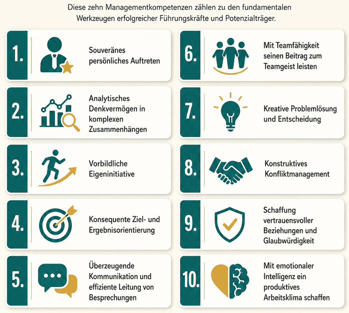 Infografik zu den Top Ten der Managementkompetenzen mit zehn Kernkompetenzen erfolgreicher Führungskräfte.
