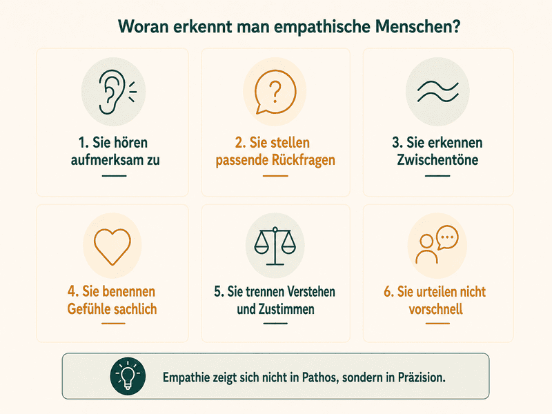 Sechs Merkmale empathischer Menschen: zuhören, nachfragen, Zwischentöne erkennen, Gefühle benennen, Verstehen von Zustimmung trennen und nicht vorschnell urteilen.